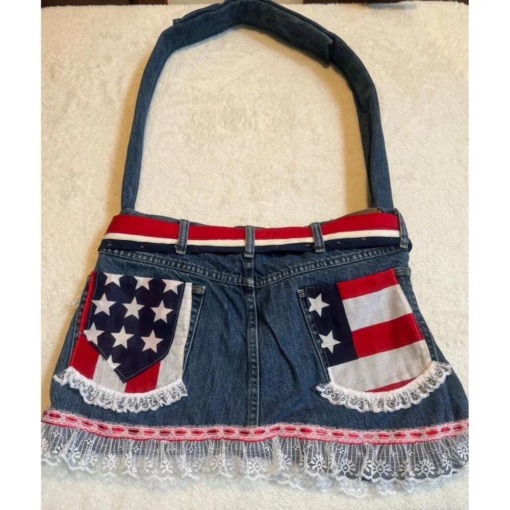 Shabby Boho Upcycled Wrangler Denim Lace Purse Shoulder‎ Bag Americana
